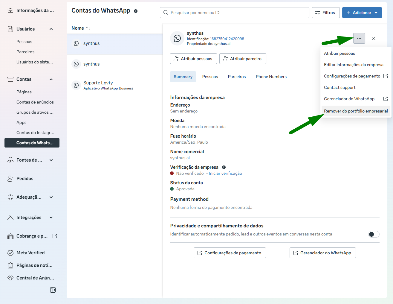 Remover do portfólio empresarial